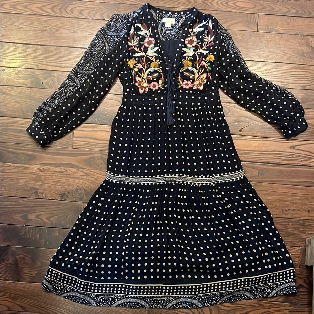 Anthropologie Black and White V-Neck Bishop Sleeve Sundress